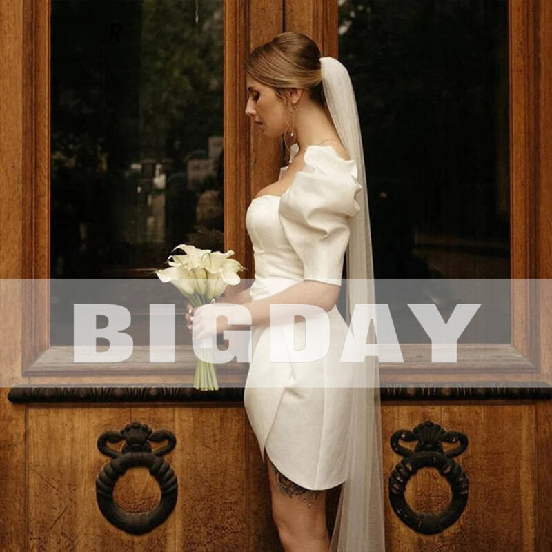 Женское Короткое свадебное платье, Элегантное Атласное простое платье выше колена с квадратным вырезом, пышными рукавами и открытой спиной, 2024