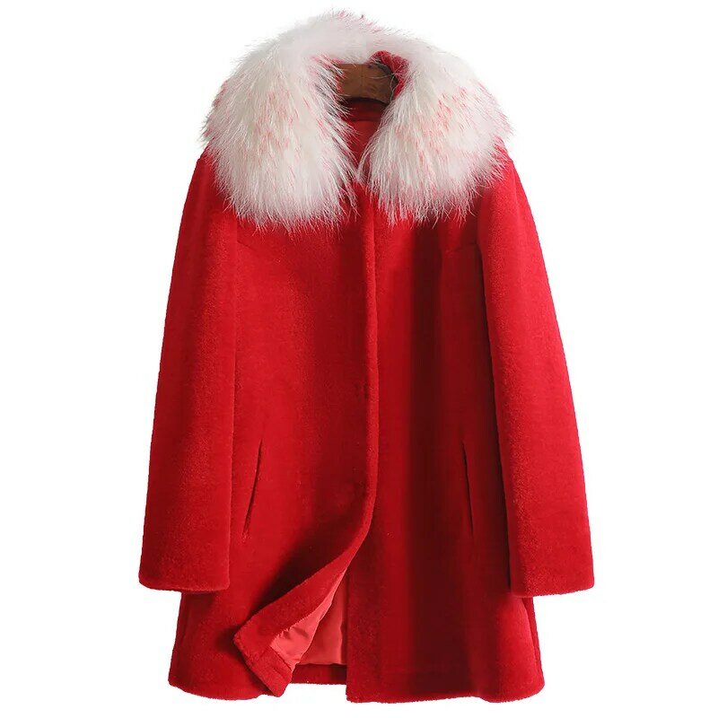 Abrigo de longitud media para mujer, chaqueta de lana con cuello de piel de mapache, abrigo de piel coreana a la moda, Zm853, primavera y otoño