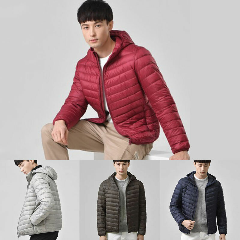 New Fashion Men Youth Jacket Hooded Silk Floss Windproof Lightweight Slim Coat Autumn Winter Ultra-thin Short Jackets