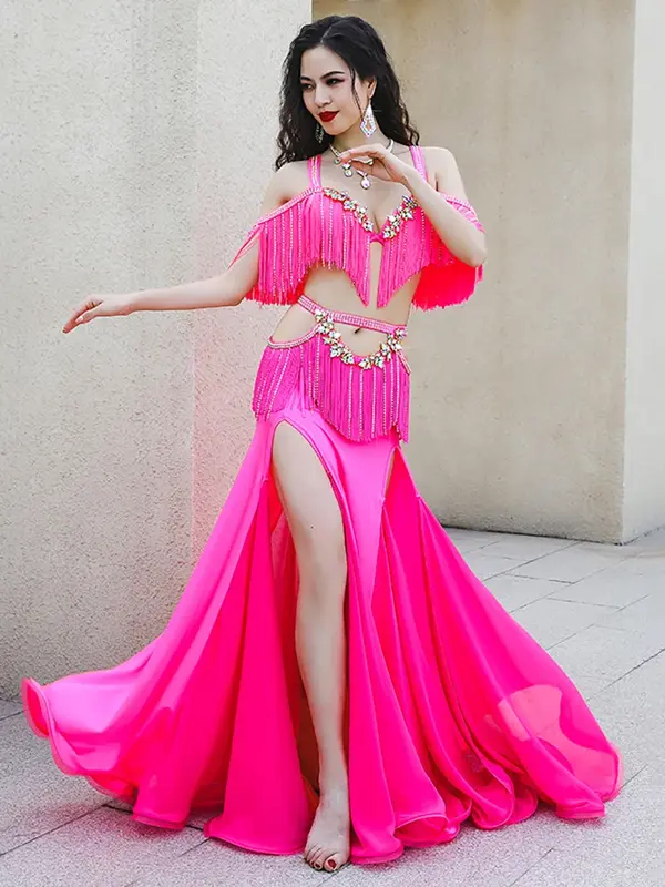 Women Adult Sequin Flash Drill Belly Dance Clothing Dynamic Tassel Split Dancewear Competition Popsong Performance Costumes