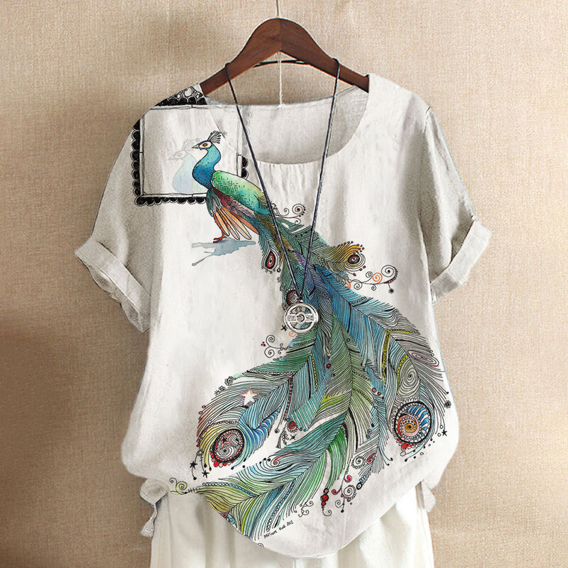 Camiseta con estampado de pavo real para mujer, camiseta de manga corta con cuello redondo, blusa informal holgada de Color blanco, Top de talla grande, nueva moda de verano