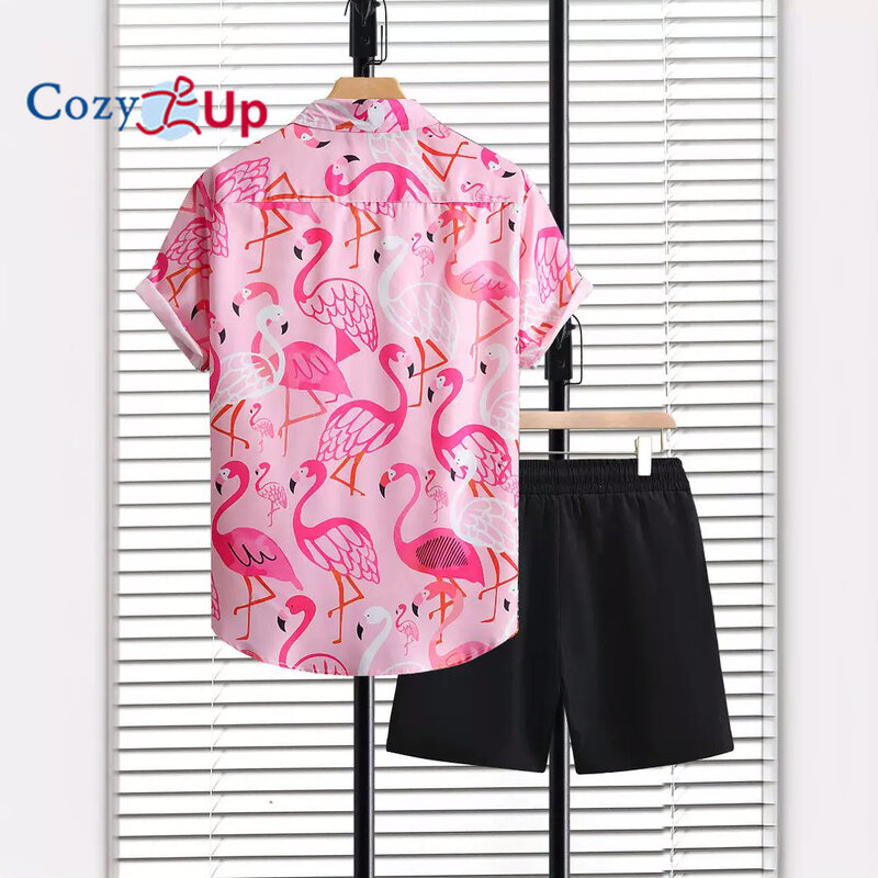 Conjunto de camisa havaiana masculina, roupa estampada floral, estampa gráfica flamingo, turndown, casual rua, manga curta