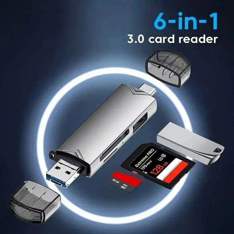 JASTER 6 In 1 Multifunction USB 3.0 Card Reader U Disk TYPE-C/Usb/Tf/Sd Flash Drive Memory Card for Adapter Phone Laptop Compute