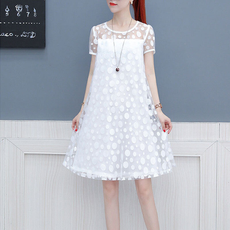 Summer New Gauze Patchwork Midi Dress Korean Polka Dot Fashion Hollow Out Female Clothing O-Neck Fake Two Pieces A-Line Dresses