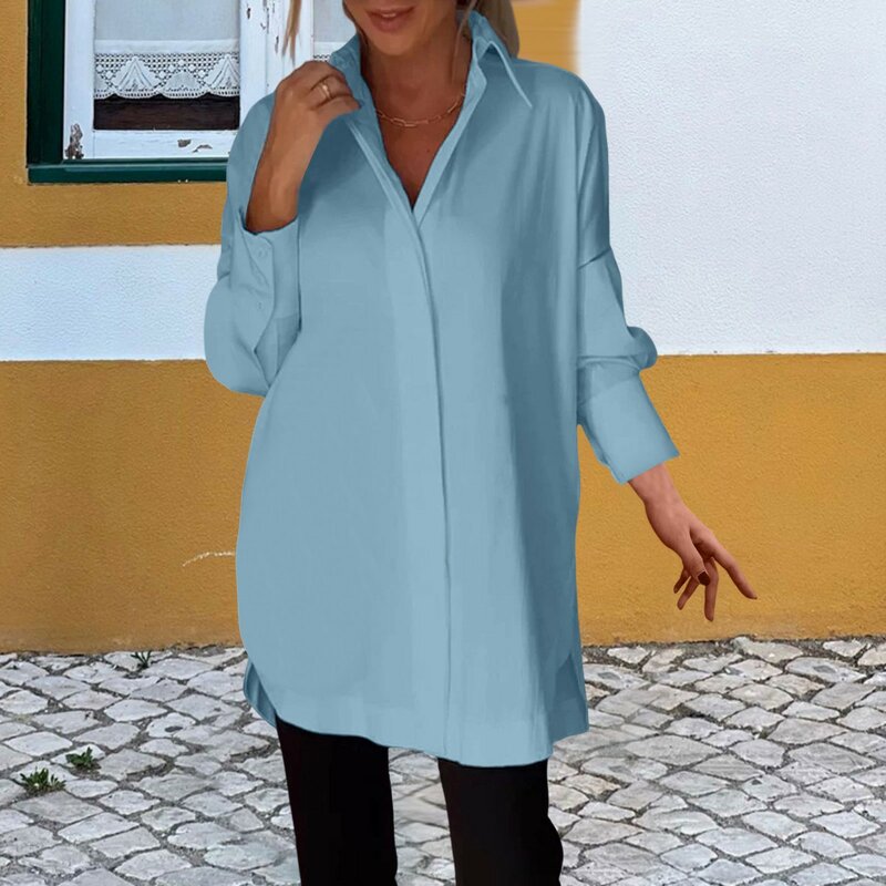 Женская блузка с длинным рукавом, элегантная повседневная Свободная рубашка с лацканами, однотонные модные пуловеры на пуговицах