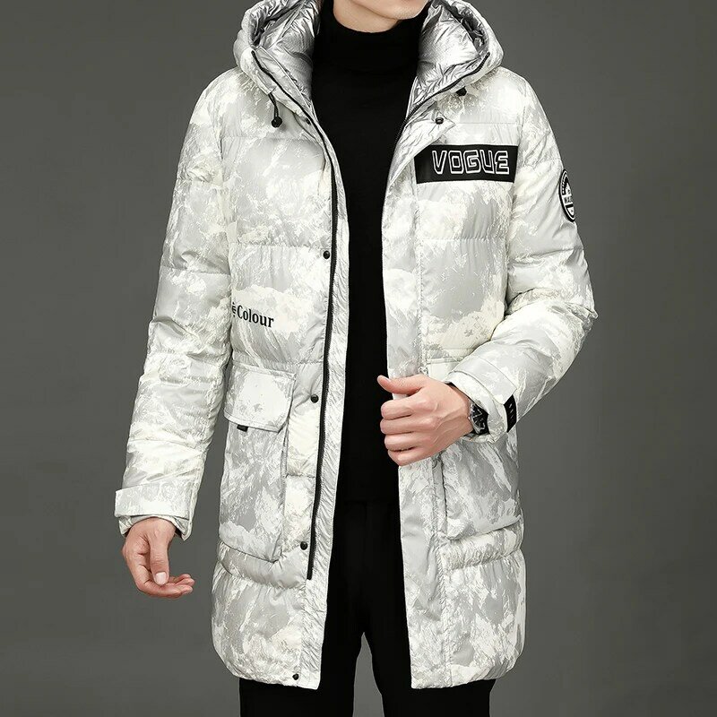Korean Printed Hooded Men's Medium Length Warm Down Jacket Mens Winter Thickened Windproof Down Jacket Men's Padded Jacket Coats