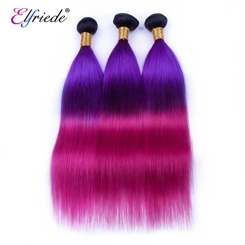 Elfriede Straight Ombre Colored #T1B/Purple/Rose Red Hair Bundles with Frontal Remy Human Hair 3 Bundles with Lace Frontal 13x4
