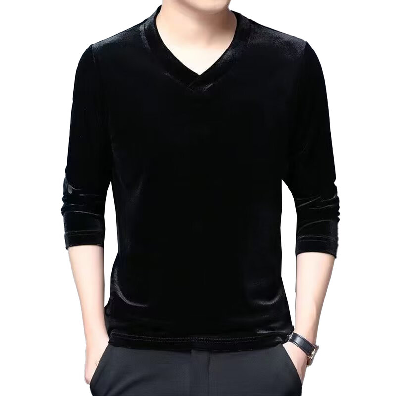 Мужская осенне-зимняя теплая Повседневная утолщенная бархатная футболка с V-образным вырезом и длинным рукавом, женские топы, Мужская Корейская футболка