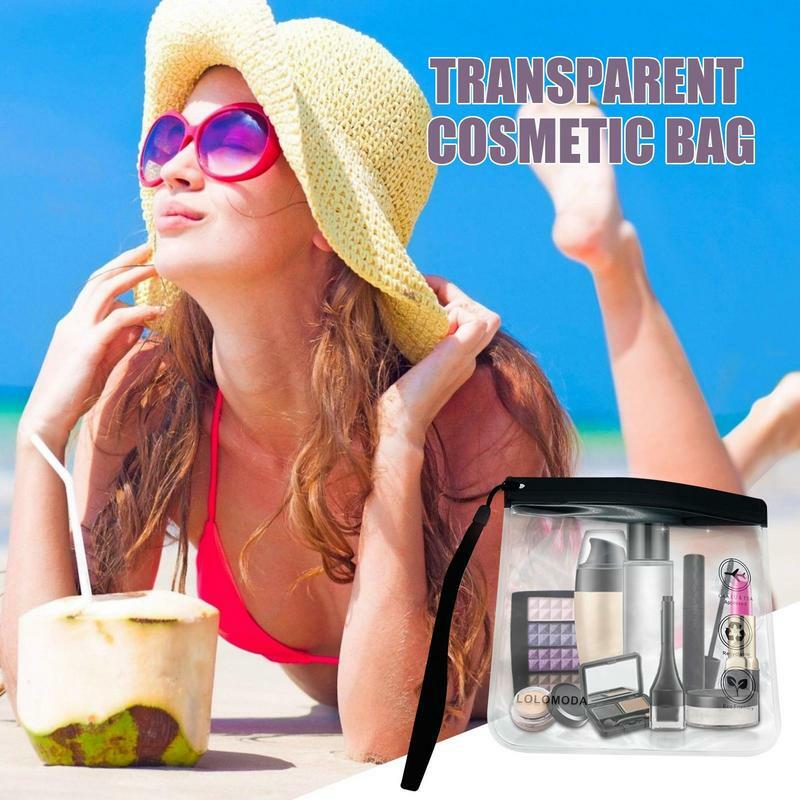 Sac cosmétique transparent avec fermeture éclair et lanière, sacs de maquillage, trousse de toilette oligtransparente, organisateur de rangement, évaluation cosmétique