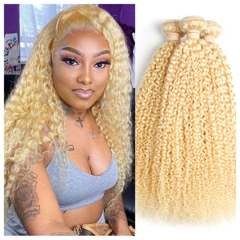 Kinky Curly 613 Blonde Curly Weave Human Hair Bundles 150% Density Brazilian Remy Raw Hair One Bundle Hair Extension For Women