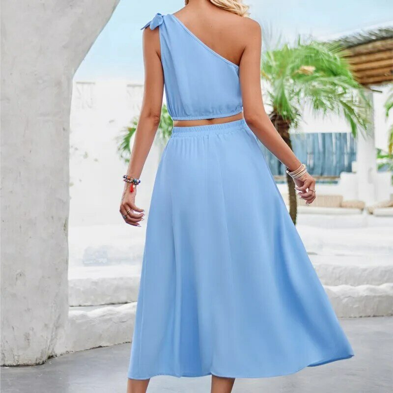Gaun wanita musim panas, Gaun baru Wanita Mode musim panas, gaya segar warna Solid, atasan pinggang bahu miring, gaya baru 2024