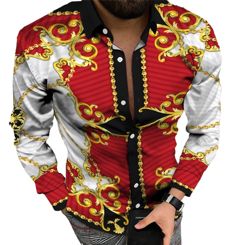 Camisa de cuello de banda con botones para hombre, camisa roja con estampado barroco para fiesta, 1 x