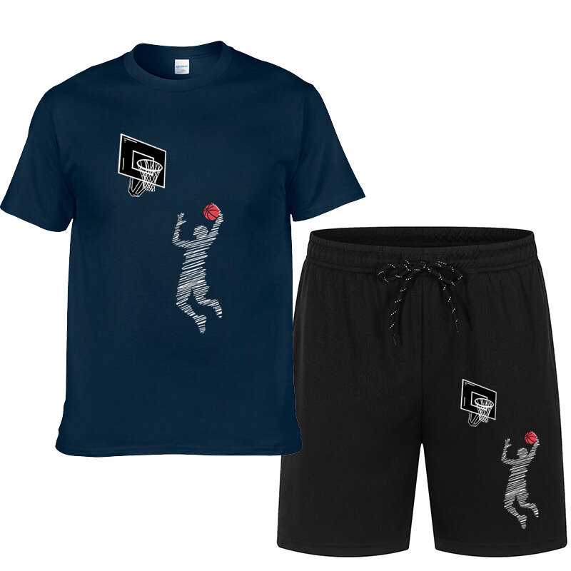 Camiseta de manga corta con cuello redondo para hombre, pantalones cortos con cordón, estampado de baloncesto de verano, ropa atlética de dos piezas