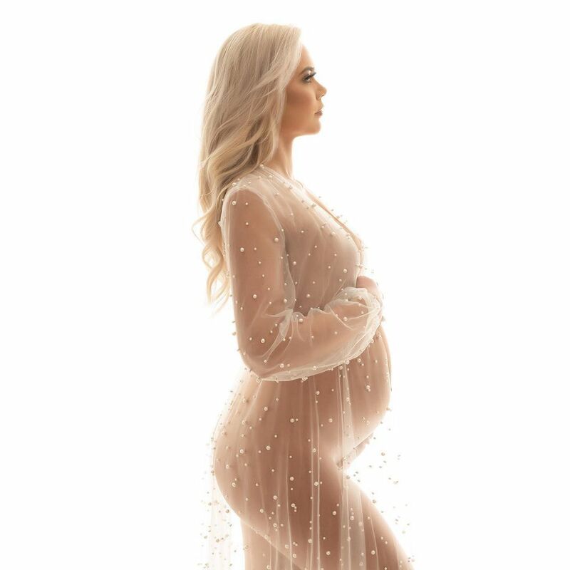 Maternity Photography Stereo Pearl Full Sleeve Tulle Coat Sexy Perspective Long Dress Pregnancy Gowns For Photo Shoot