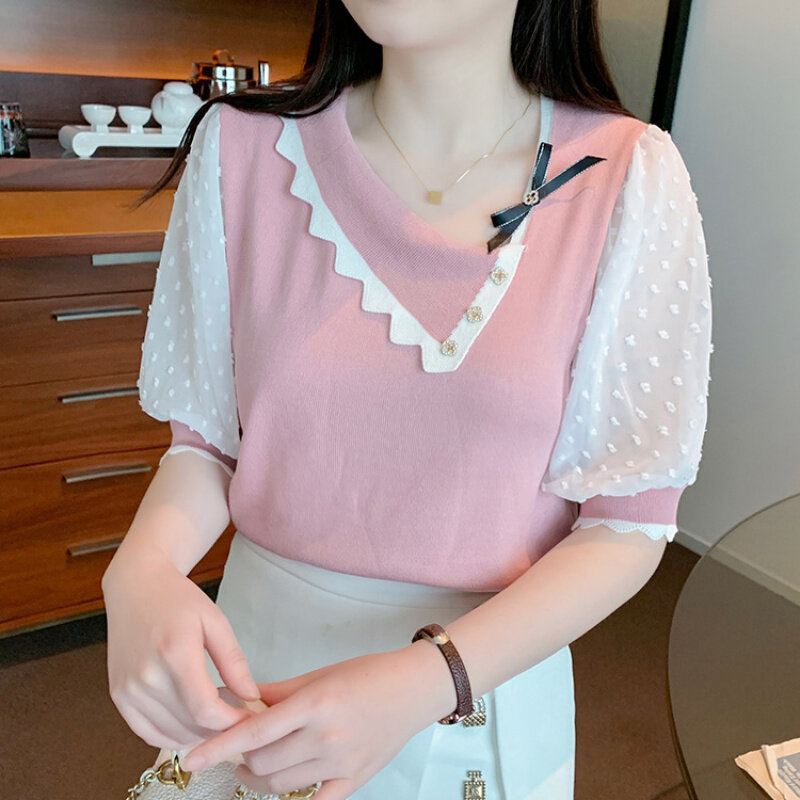 Jerseys para mujer con cuello de madeja de Color de contraste, blusa de gasa empalmada con lazo, Camiseta holgada de manga corta, Tops 2024