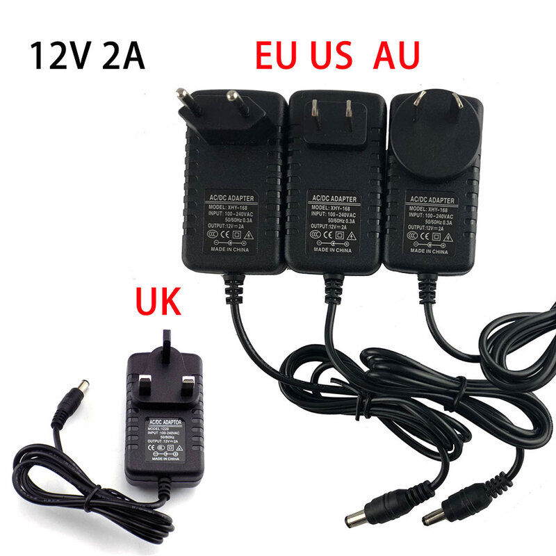 AC para DC Power Adapter Carregador, Adaptador de carregamento para LED Strip Lamp Switch, EUA e UE Plug, 12V, 2A, 2000mA, 100-240V