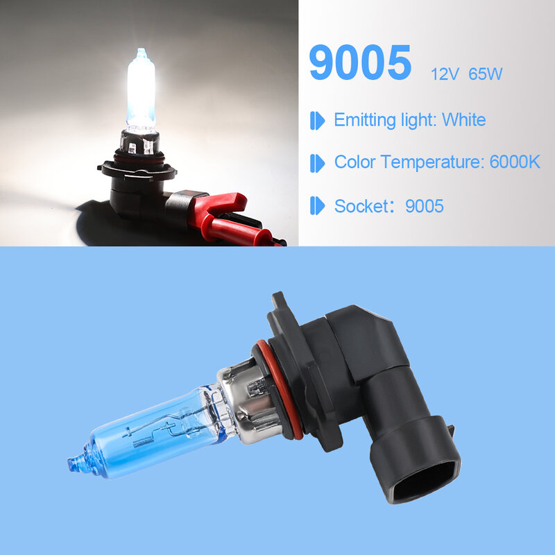 HB3 9005 12V 65W Halogen Bulb 2PCS (1 Pair) 6000K Super White Quartz Glass Xenon Dark Blue Car Headlight Lamp