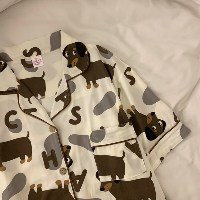 Frühling Sommer 2024 süße Damen Pyjamas Set Dackel Print Baumwolle zweiteilige Kurzarm Tops in voller Länge Hosen Nachtwäsche 3991