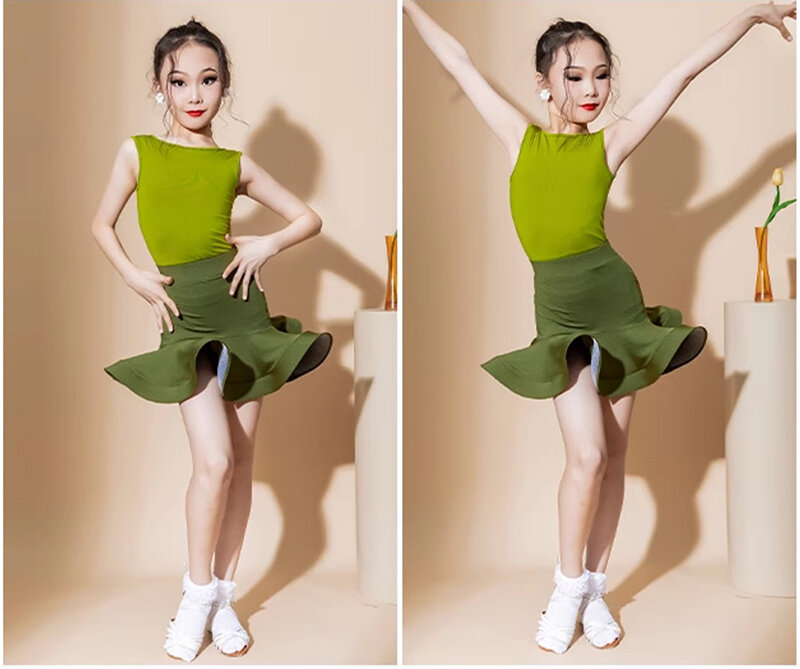 ชุดนักเต้นแบบละตินเด็กผู้หญิงเด็กน้อยสีเขียวกระโปรงขนาดใหญ่ชุดฝึกซ้อมแบบเปิดหลังชุดนักสู้มืออาชีพ