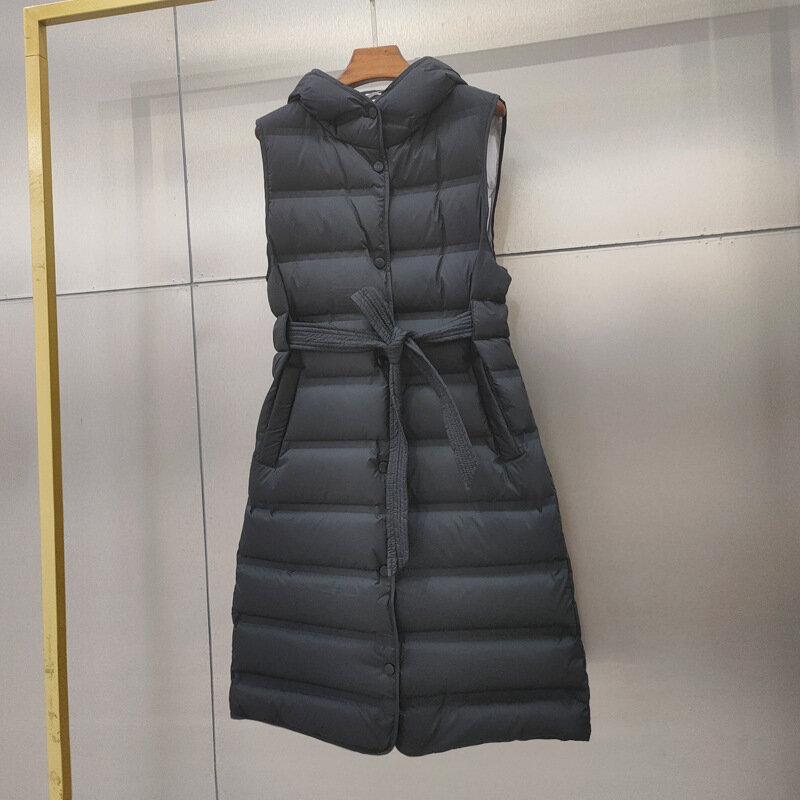 2023 여성용 화이트 덕 다운 조끼 재킷, 후드 민소매 두꺼운 파카, 패션 조끼 코트 상의
