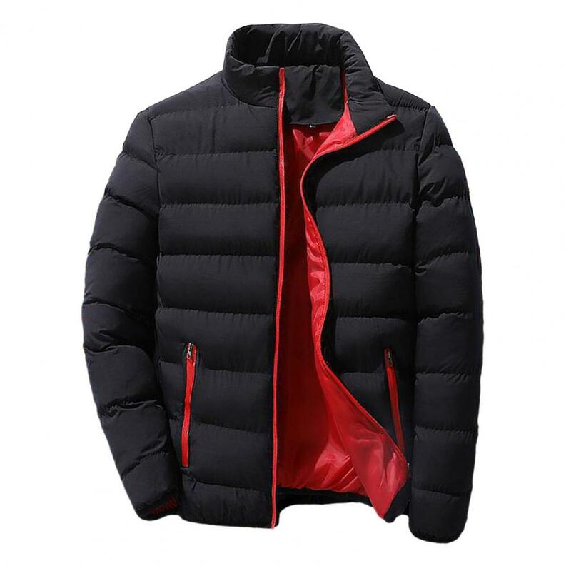 Jaqueta de fechamento de zíper grosso acolchoada masculina, gola, manga comprida, quente, casaco de inverno