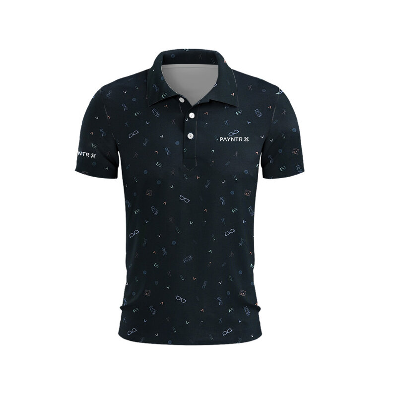 Kaus Golf pria, pakaian Golf tiga warna cetak bergaris musim panas cepat kering kancing klub Golf