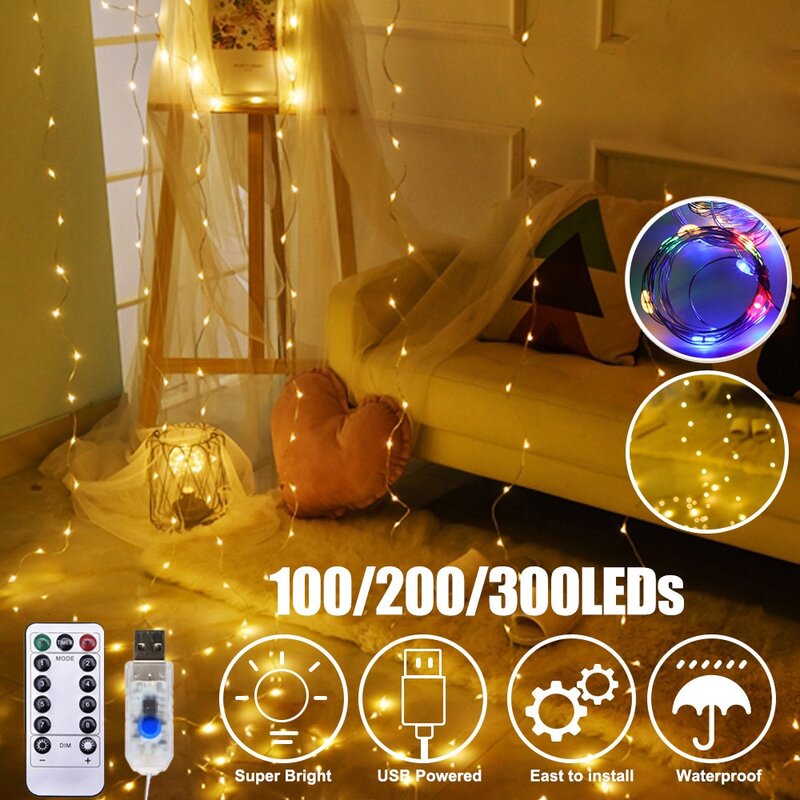 Luz LED tring para decoración del hogar, guirnalda de luces de cortina, festón USB, lámpara de Año Nuevo, Navidad, Ramadán decorativo