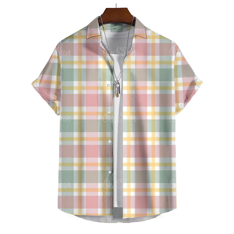 남성용 체크 무늬 스트라이프 프린트 셔츠, 여름 캐주얼 셔츠, 해변 휴가 스타일, 하와이안 반팔 셔츠, 오버사이즈 상의