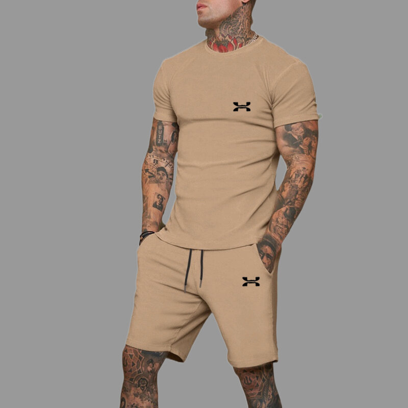 2024 Casual New Men's Sports Wear Summer Fitness Wear Men's Sports Wear Short sleeved T-shirt+Shorts Quick Drying 2-piece Set