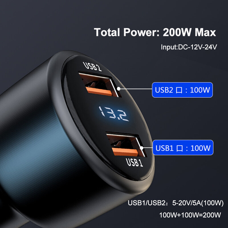 Car Charger 200W Super Fast Charge Dual USB 100W Charge3.0 LED ดิจิตอลสำหรับ HUAWEI OPPO IPhone xiaomi โทรศัพท์มือถือ