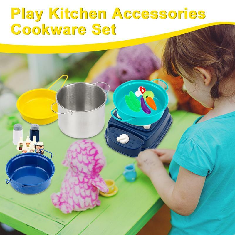 Juego de cocina de simulación para niños pequeños, utensilios de cocina de acero inoxidable, ollas y sartenes, utensilios para hornear, 37 piezas