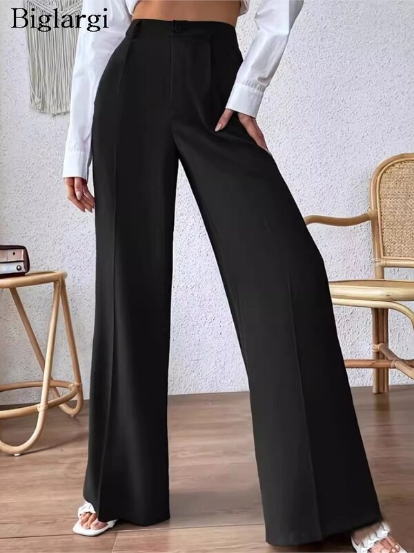 Celana panjang ukuran besar wanita, bawahan panjang hitam kasual berlipat longgar pinggang tinggi musim semi dan panas