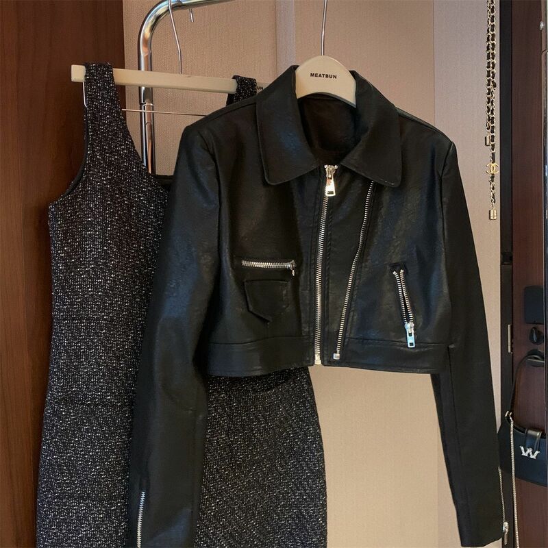 Veste en cuir Punk Cropped Black Zipper pour femme, OupillMoto Biker, High Street Casual, Manteau en cuir irrégulier, Nouveau