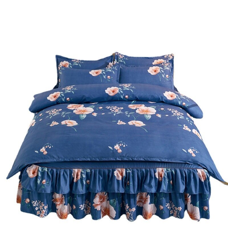 Ropa de cama de encaje de doble capa, tela lijada gruesa, falda de cama de cuatro piezas