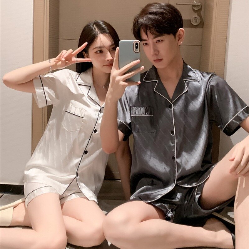 Baju tidur sutra kardigan Fashion Korea, pakaian tidur rumah lembut untuk pasangan, pakaian panjang yang cocok untuk pria dan wanita, Pjs wanita