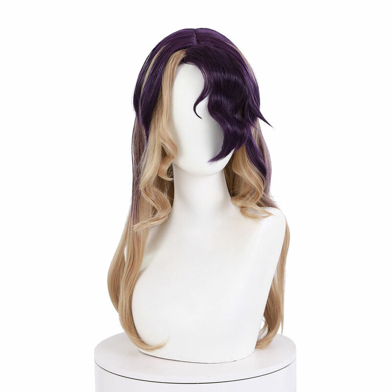 Cosplay wig rambut Halloween panjang berwarna campuran ungu dan keriting