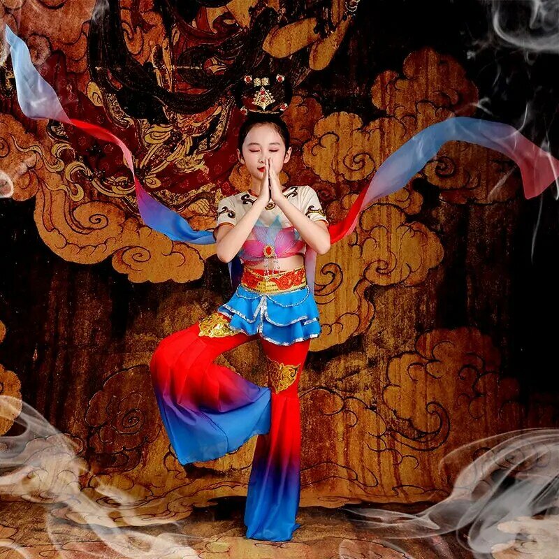 زي أداء طبل الموسيقى Feitian للأطفال ، زي رقص Dunhuang ، زي الرقص الكلاسيكي ، ارتداد الصوت الرائع
