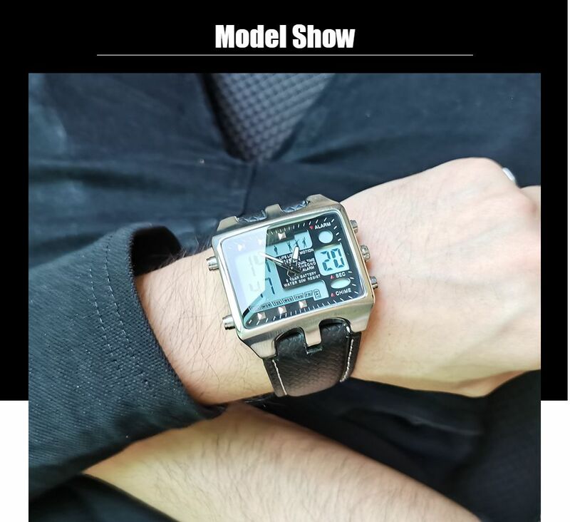 OHSEN-Relógio de pulseira de couro masculino, quartzo, impermeável, vermelho, azul, militar, digital, esporte, relógio, novo