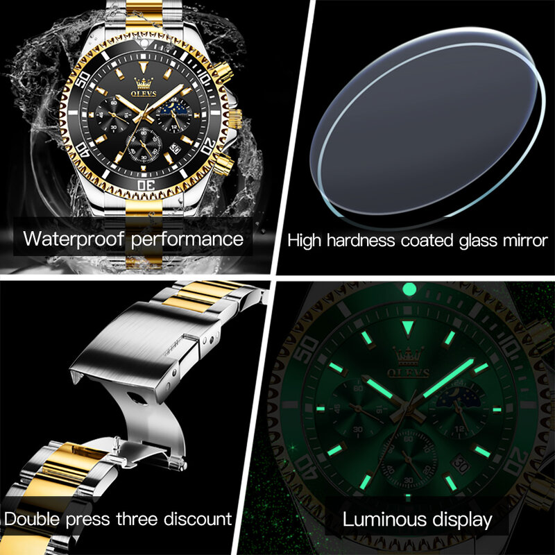 OLEVS jam tangan putar pria, arloji wajah besar Stainless Steel tahan air tanggal Analog Quartz, jam tangan modis bisnis untuk pria