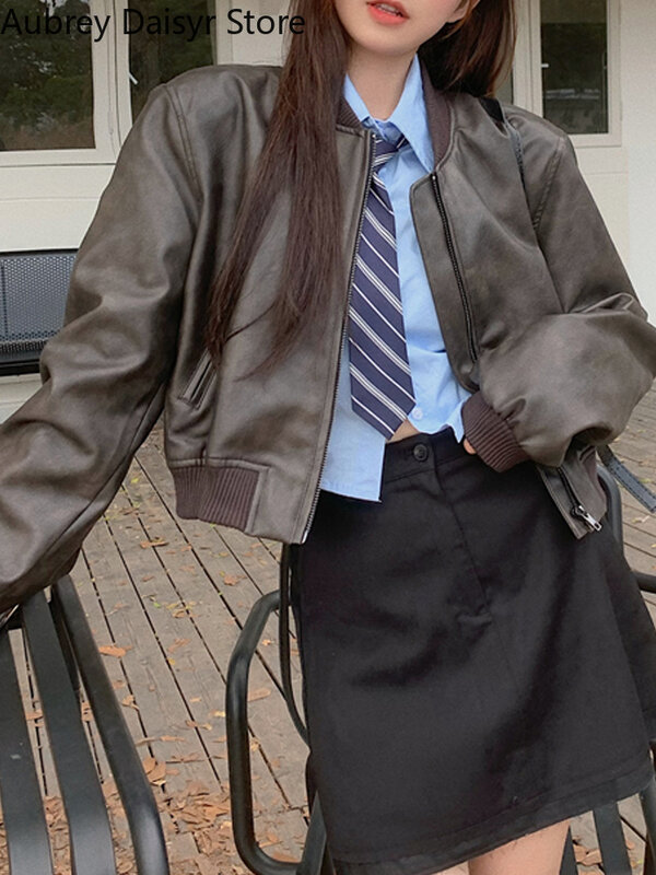Укороченная кожаная куртка в Корейском стиле, Женская Осенняя уличная одежда, Байкерская кожаная куртка на молнии, Повседневная Уличная кожаная куртка, новинка 2023