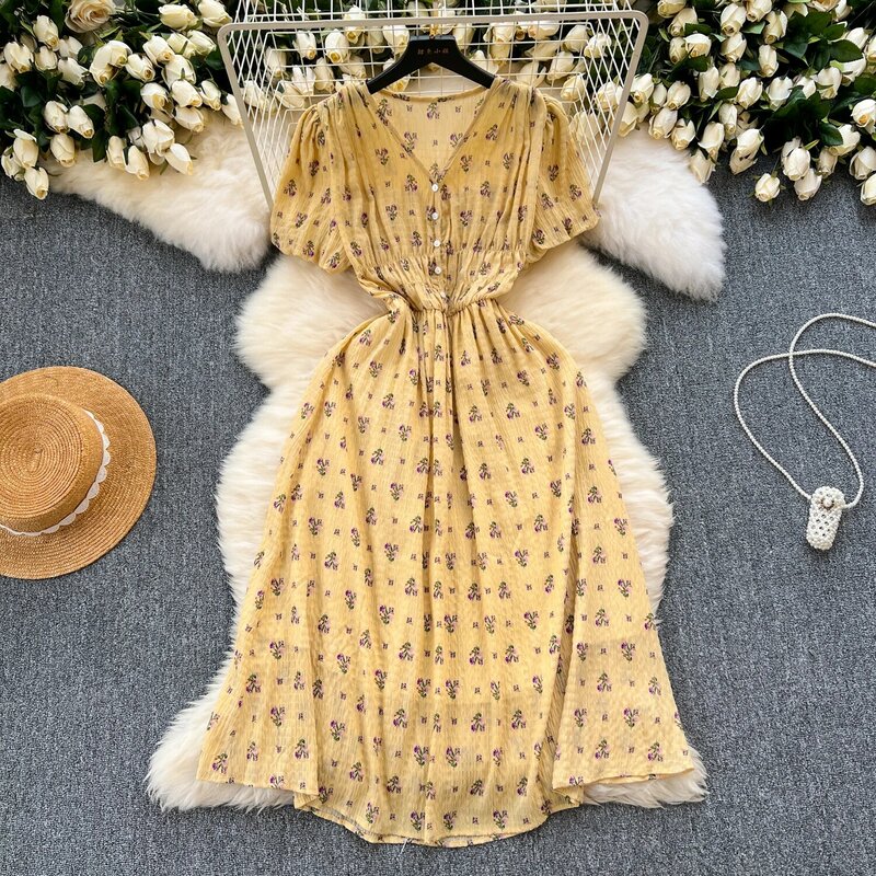 Женское винтажное платье для отпуска, элегантное платье во французском стиле с коротким рукавом-фонариком, V-образным вырезом и принтом, весна-лето