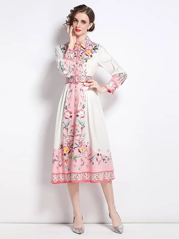 Женское платье с цветочным принтом, длинным рукавом и отложным воротником