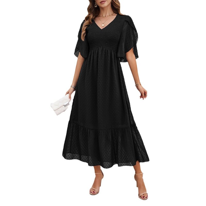 High Quality Women's Clothing 2024 Spring Summer Elegant Temperament Solid Color V-neck Pleated Dress Personality Y2k Dress Maxi