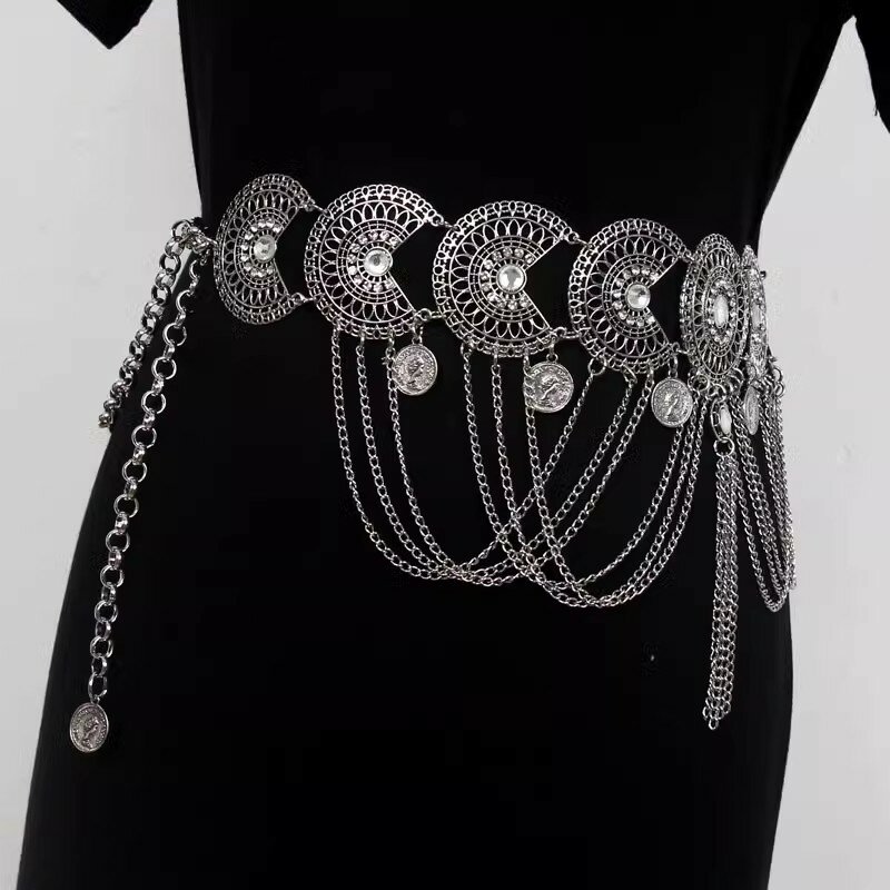 Women's Fashion Metal Chain Tassel Cummerbunds Female Dress Corsets Waistband Belts Decoration Wide Belt R2407