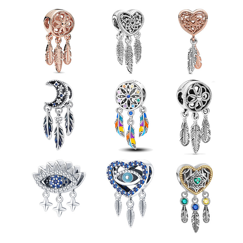 925 Silver Feather Dream Catcher Eye Boutique Pendant Fit Pandora Original Bracelet Charm Beads Necklace Diy Female Jewelry