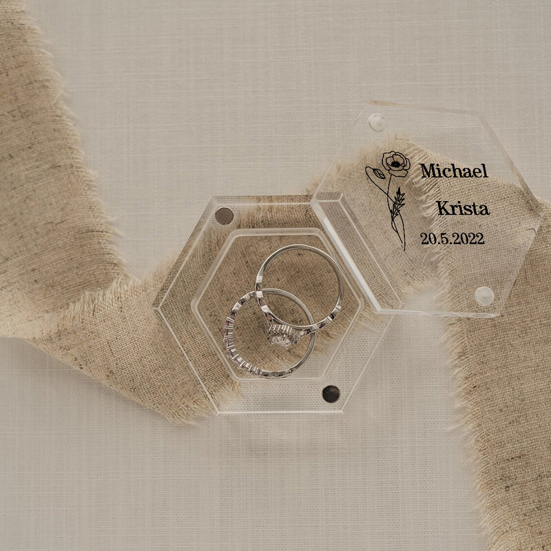 Caixa de anel transparente acrílica feita sob encomenda do hexágono, armazenamento personalizado da caixa do anel do casamento do noivado, decoração do casamento, presente nupcial