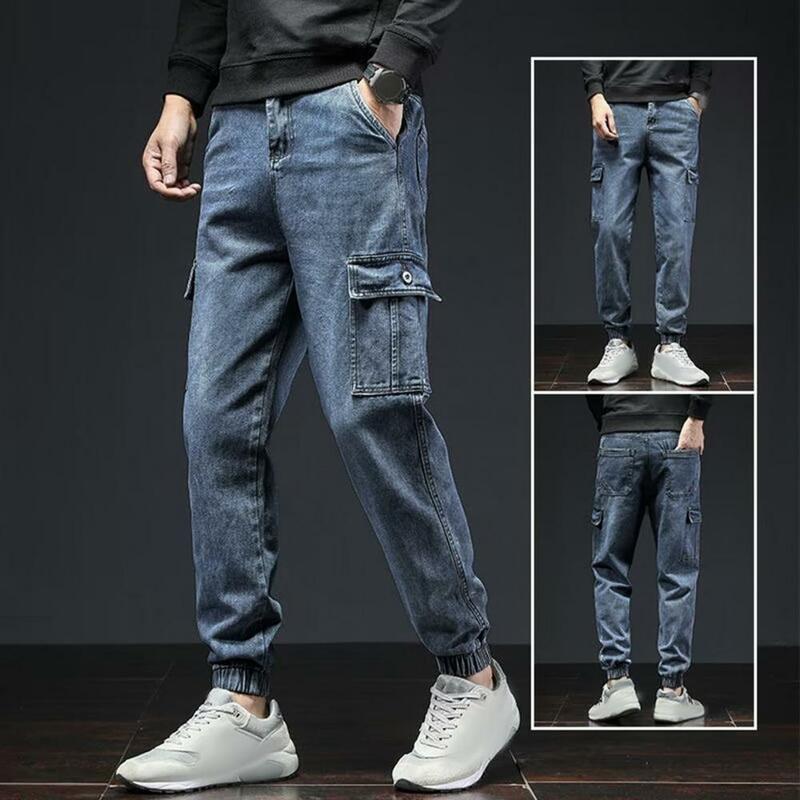Calça cargo cintura média masculina, multi bolsos elásticos, com bandas de tornozelo, confortável, streetwear retrô, plus size