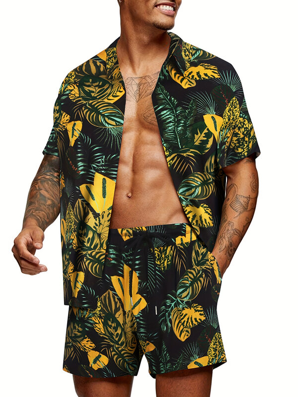 Setelan baju celana pendek pria, baju lengan pendek pantai gaya Hawaii, setelan celana pendek kasual lengan pendek cetakan 3D untuk lelaki