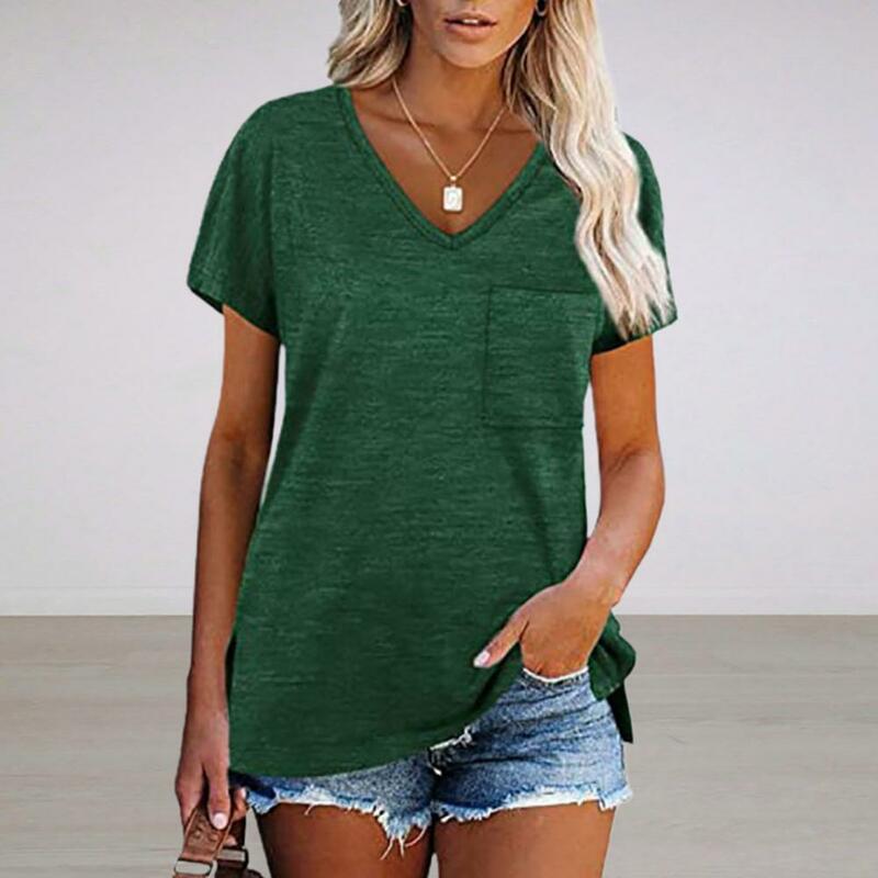 Pocket T-shirt Stylish Women's V-neck T-shirt with Side Slit Hem Patch Pocket Loose Fit Casual Summer Tops for Streetwear Comfy