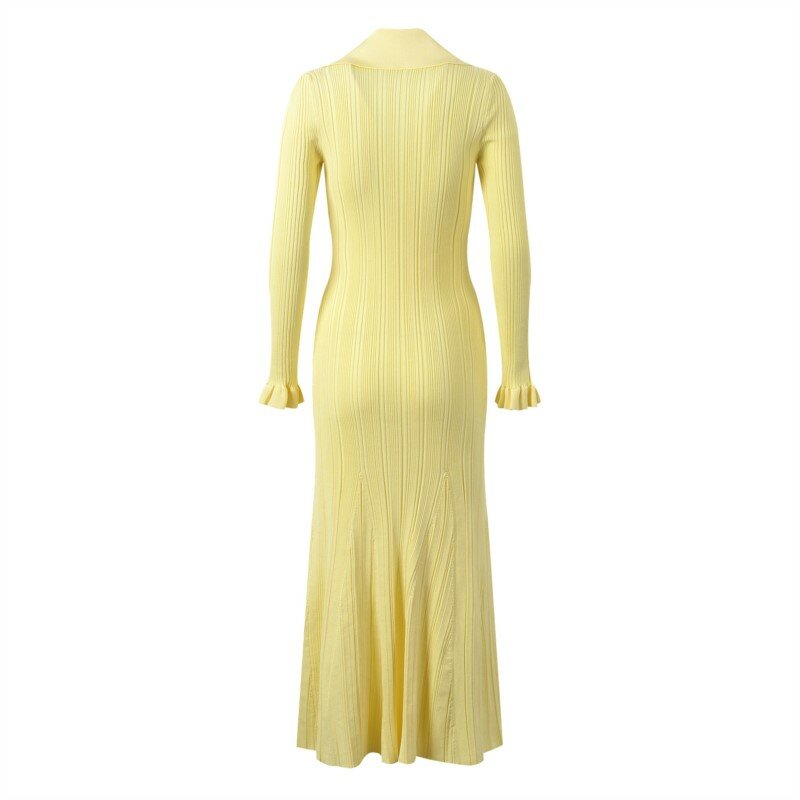 Vestido feminino de malha comprida de peito único, gola flip, amarelo creme, nova moda, primavera e outono, 2024
